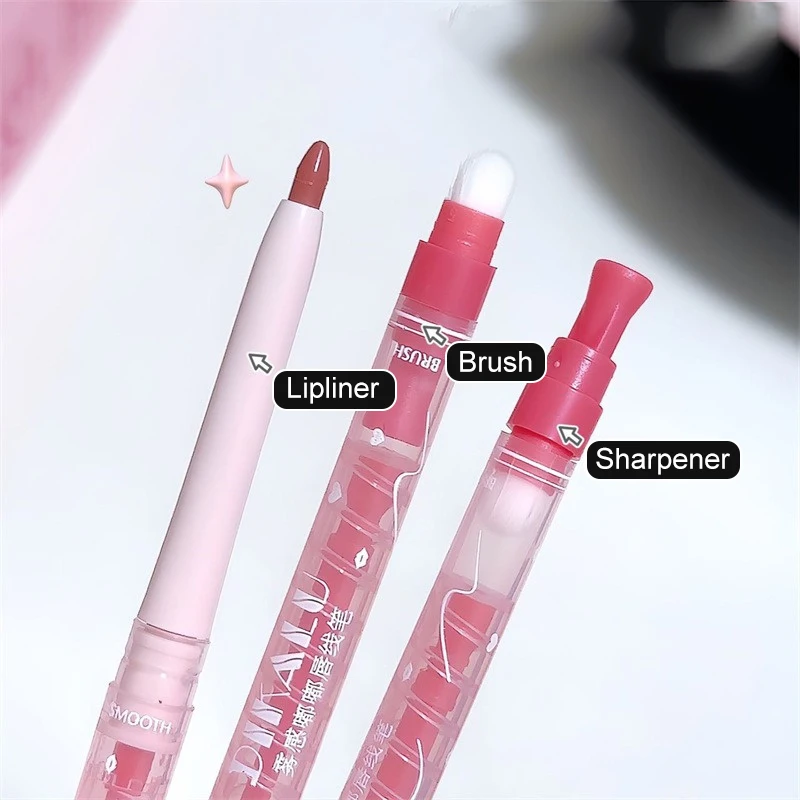 2 Color Matte Lipliner Pencil Nude Lip Liner with Lip Brush Waterproof Natural Peach Pink Lipstick Pencil Contour Lips Makeup