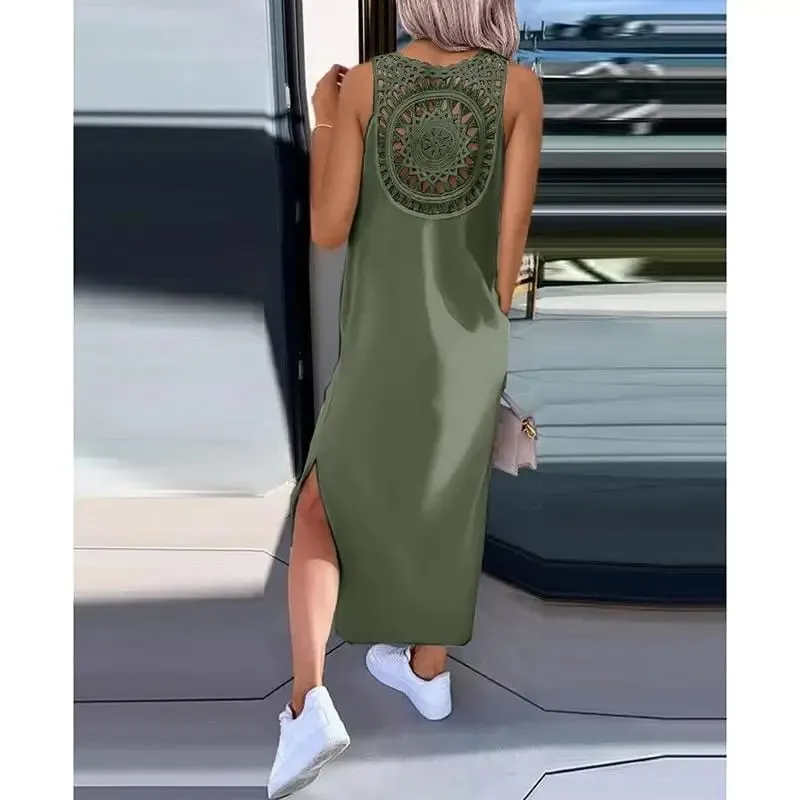 New Summer Casual Hollow Sexy Loose Dress Women Fashion Slit Sleeveless Party Dresses Women Round Neck Mid Length Ladies Dress
