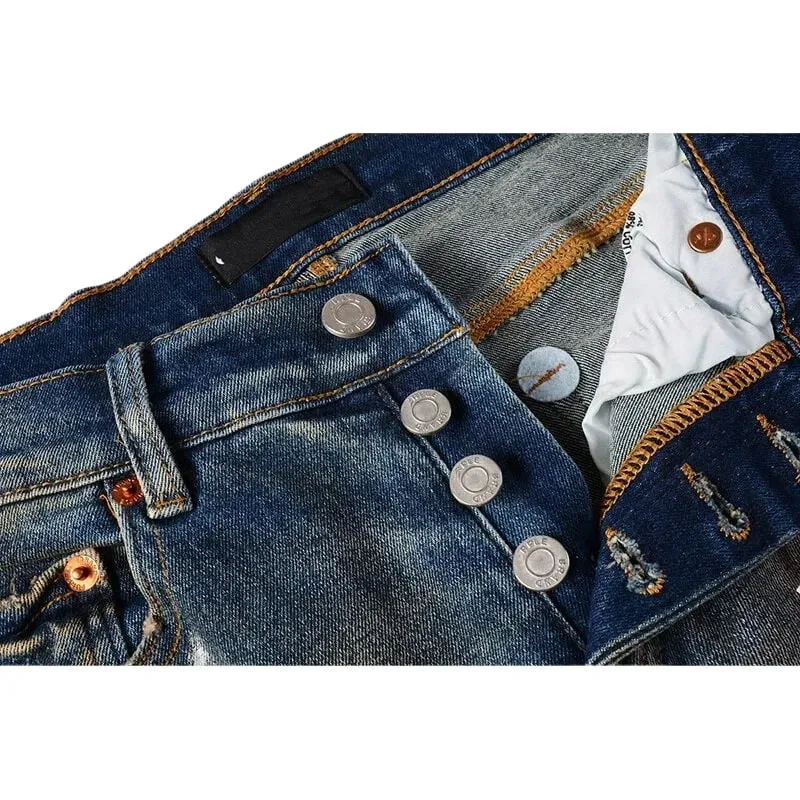 Men's Multiple Ripped Slim Tapered Jeans Vintage Blue Gradient Wash White Paint Splatter Button Fly High Street Style
