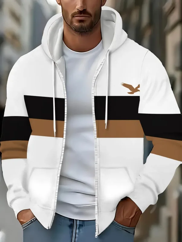 Hoodies for Man Striped Print Full Zip Sweatshirt Outdoor Wear Man Hoodie Fashion Casual Loose Sports Tops Pullover Man Clothing