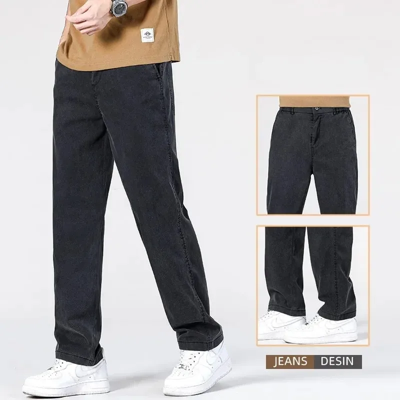 Summer New Baggy Jeans Men's Classic Thin Lyocell Fabric High Quality Straight Casual Pants Soft Denim Trousers Coffee Blue Gray