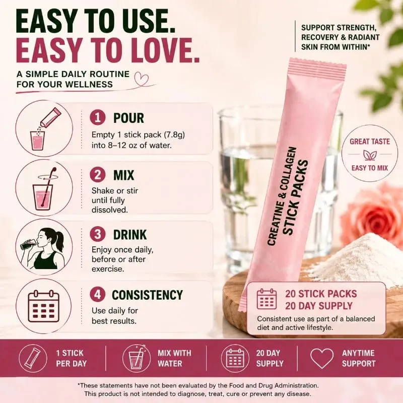 Creatine & Collagen Powder Stick Packs Supports Strength Recovery & Skin Health – Daily Nutrition Supplement 20Servings Per Bag