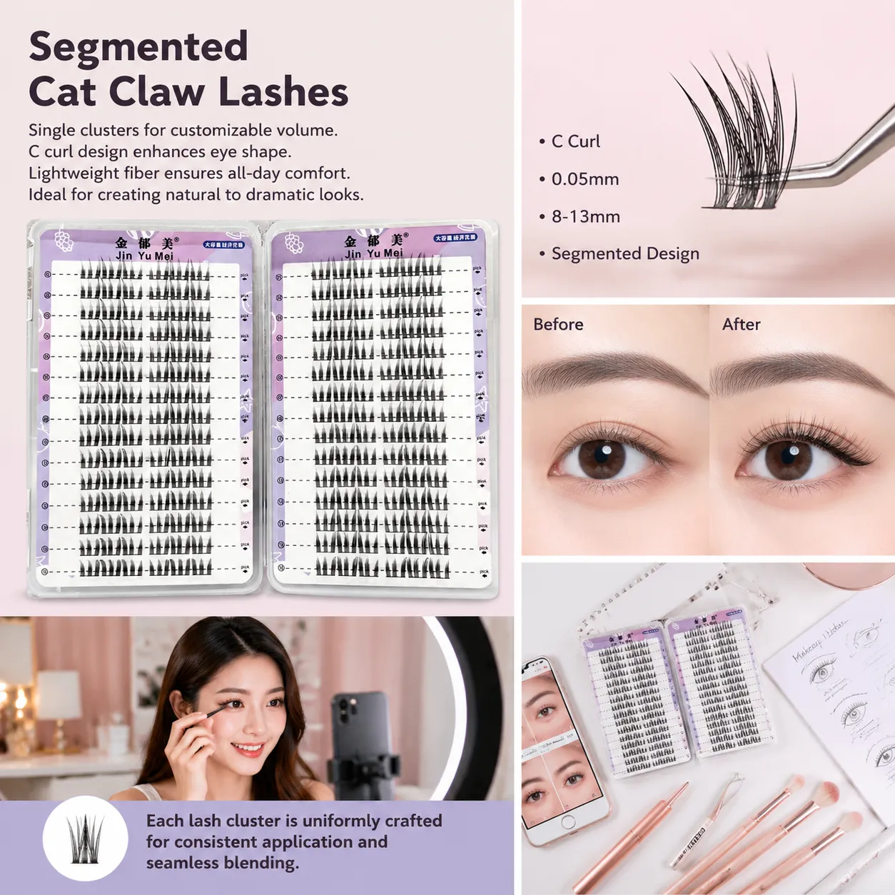 Professional Makeup False Eyelashes Segmented Cat Claw Lashes C Curl Natural Volume Dramatic Eye Enhancement for Women