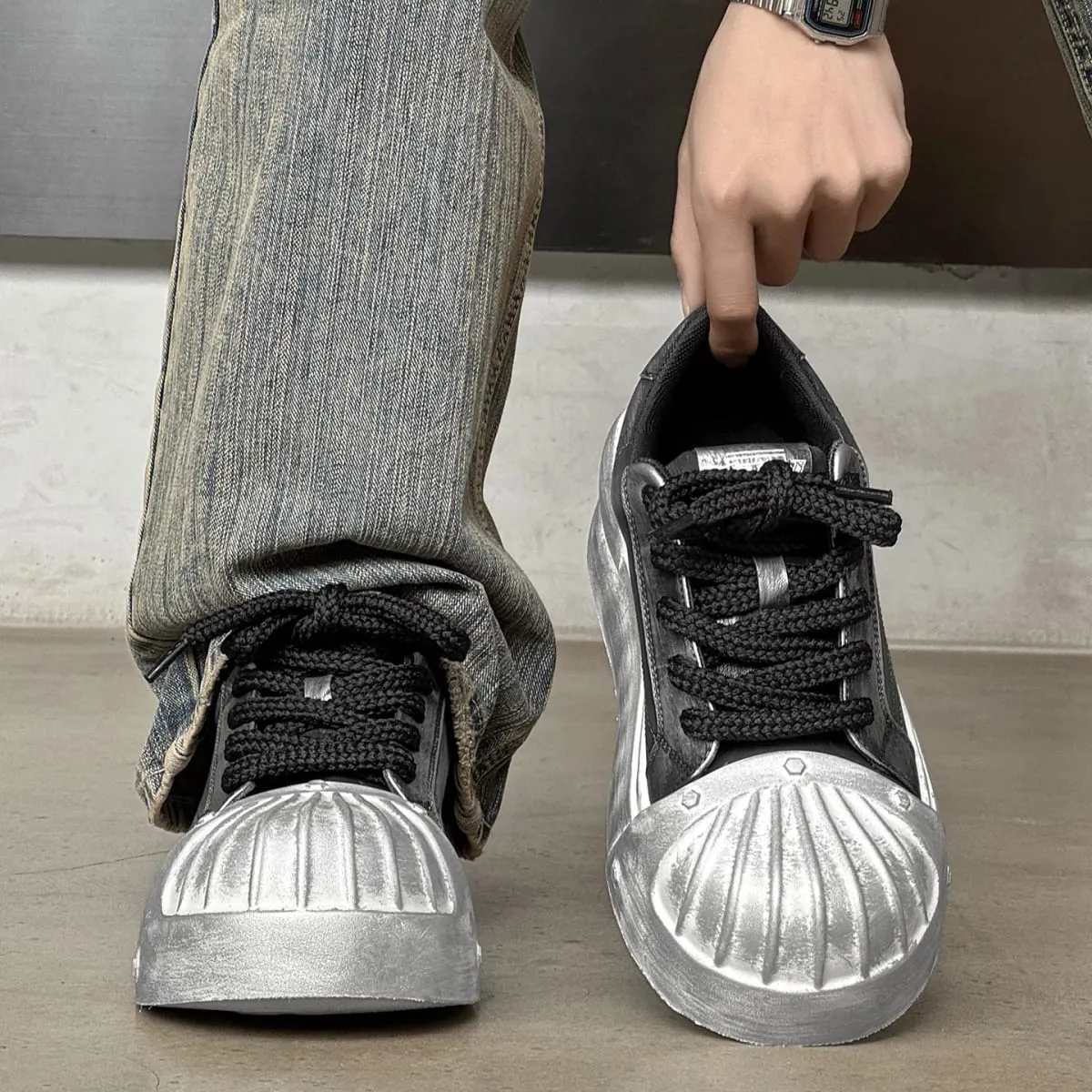Nam Nữ Giày Thể Thao Thấp-Top Vỏ-Đầu Da PU Dày-Đế Tăng Chiều Cao Unisex Giải Trí Hợp Thời Trang Retro Giày Nam Chun huấn Luyện Viên