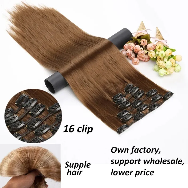 24Inch Synthetic 6pcs/set Long Straight Clip-in Hair Extension Heat Resistant Fiber Hair for Women Hair Accessories