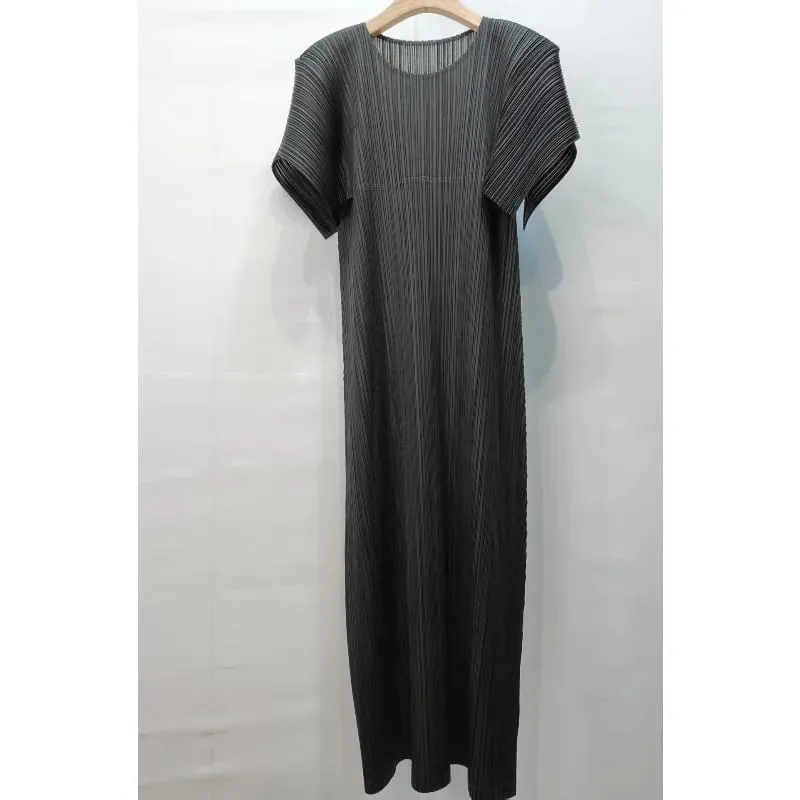 Miyake Pleated Dresses 2026 New Puff Sleeve V-Neck Loose Simple Slimming Elegant Long Dress Women's Draped Comfortable Clothing