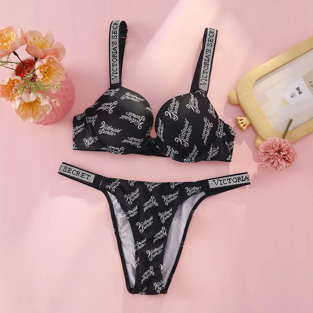 VS Very Sexy Logo Shine Strap Tropical Floral Push Up Bra Shine Script Thong Panty Victoria Secret Sexy Lingerie Set