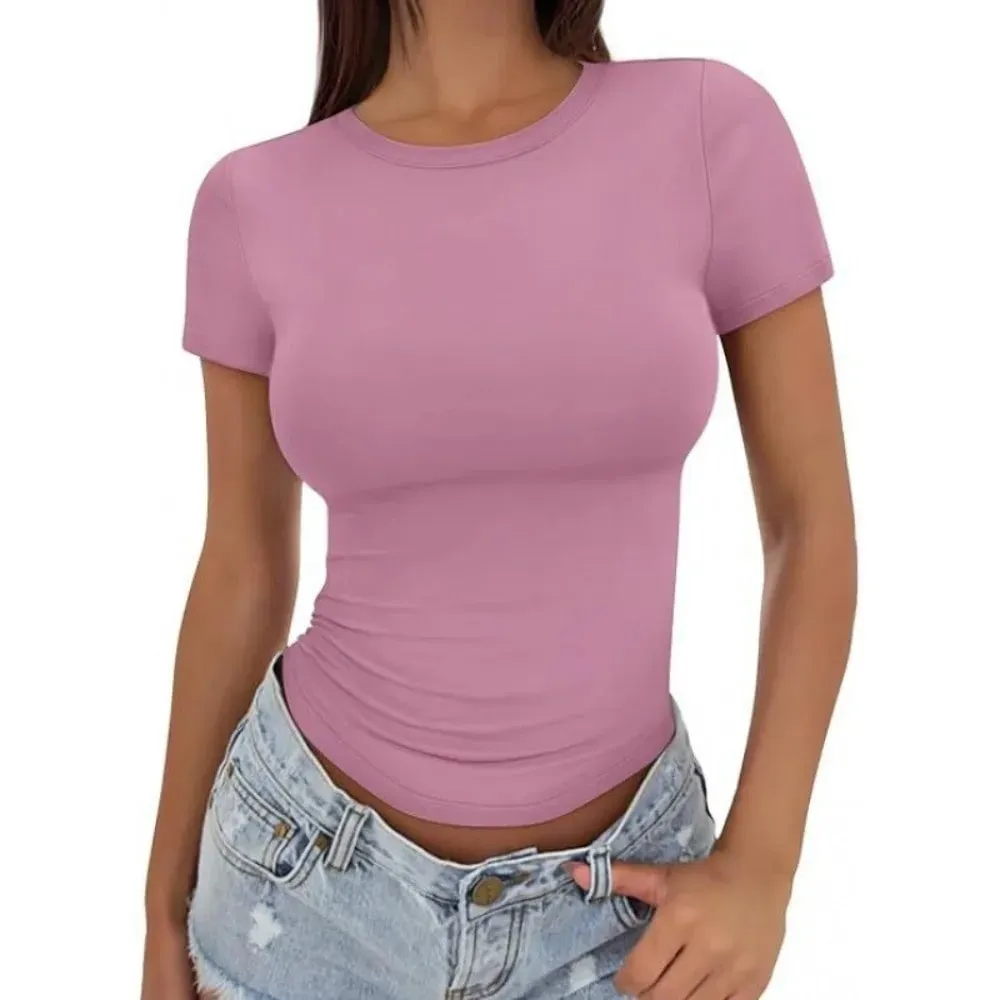 Trendy Stretchy Fitted T Shirt Breathable Soft Crop Top Solid Color Lightweight Short Sleeve Tee Streetwear Style