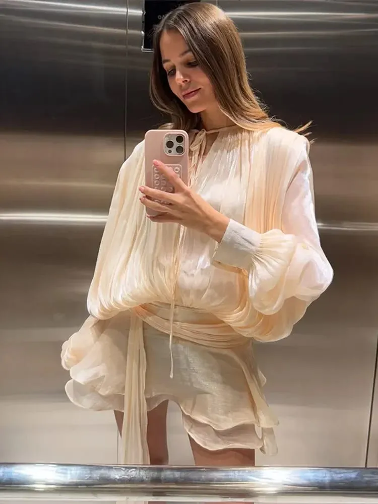 Elegant Shiny Pleated Mini Dress Women Lantern Sleeve Lace Up V Neck Vestidos 2026 Lady Spring New Evening Party Vacation Robes