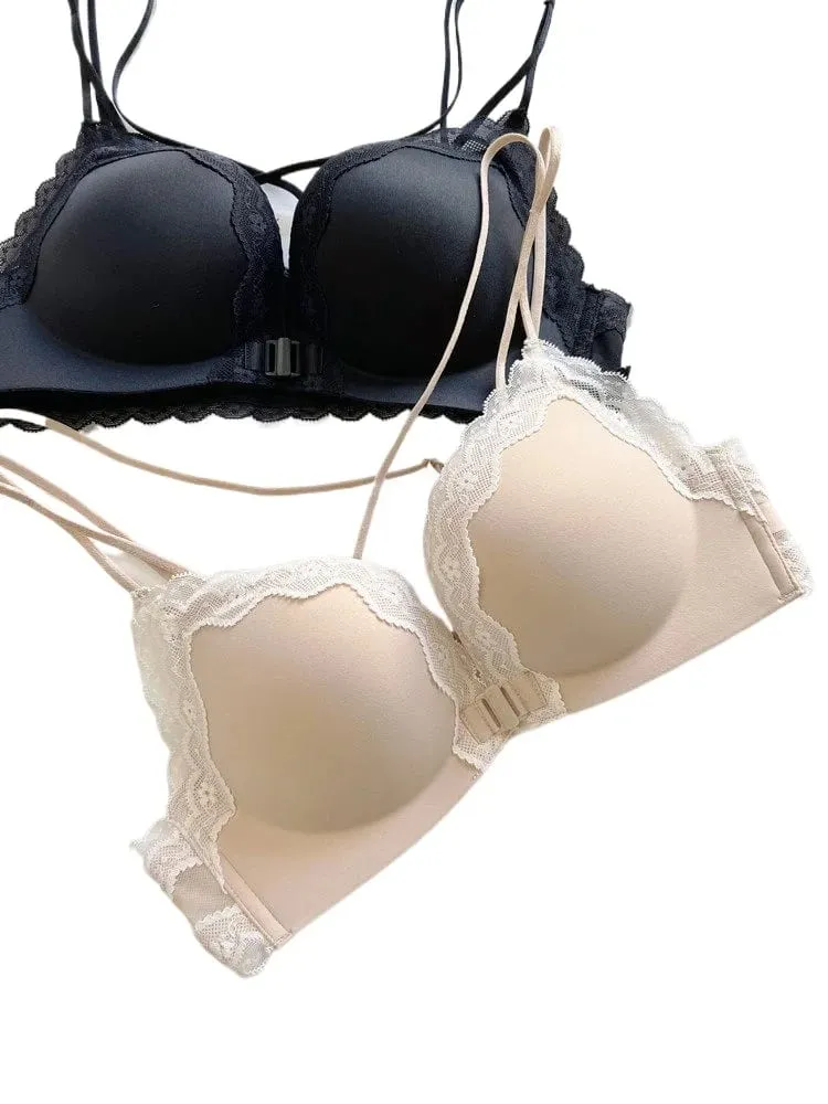 Victoria Style Wireless Lingerie Set Pink Leopard Pattern Front Closure Bra Sensual Back Push Up for Small Bust 32-38