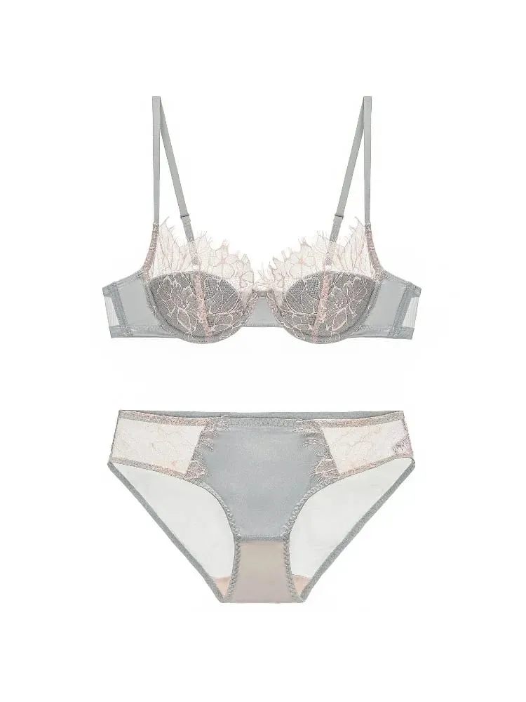 French Eyelash Lace Sexy Hollow Underwear Women's Soft Steel Rim Thin Gather Up Support Women's Bra Bra Set s-xl
