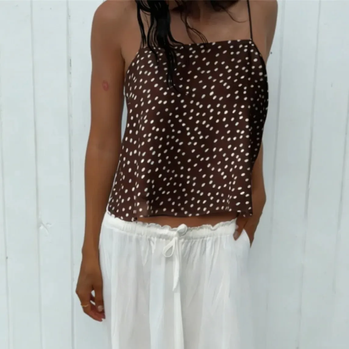 Women Polka Dot Chiffon Cami Top Spaghetti Strap Crisscross Tie Backless Asymmetric Hanky Hem Cropped Camisole Summer Tank Top