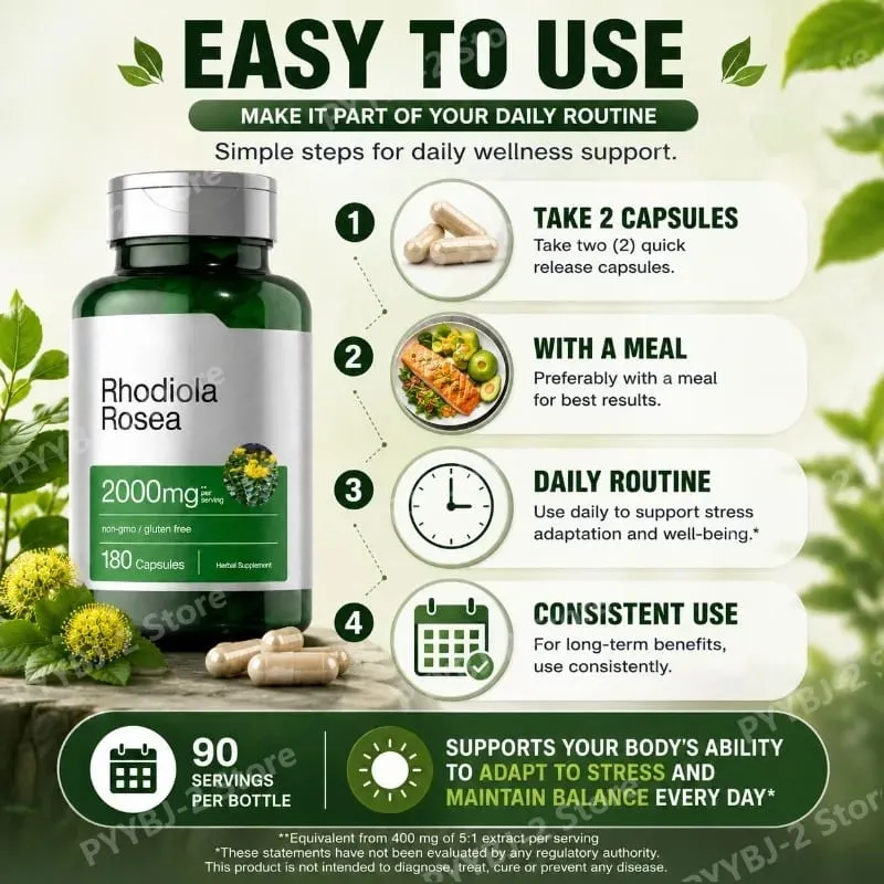 Rhodiola Rosea Capsules 180 Pieces Emotional Relief and Immune Health Support — 2000mg Rhodiola Rosea Root 5:1 Plant Extract