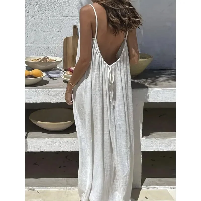 Vestido cami feminino de cor sólida sem costas com tiras vestido de salão aberto nas costas comprimento maxi com ajuste relaxado confortável para casa