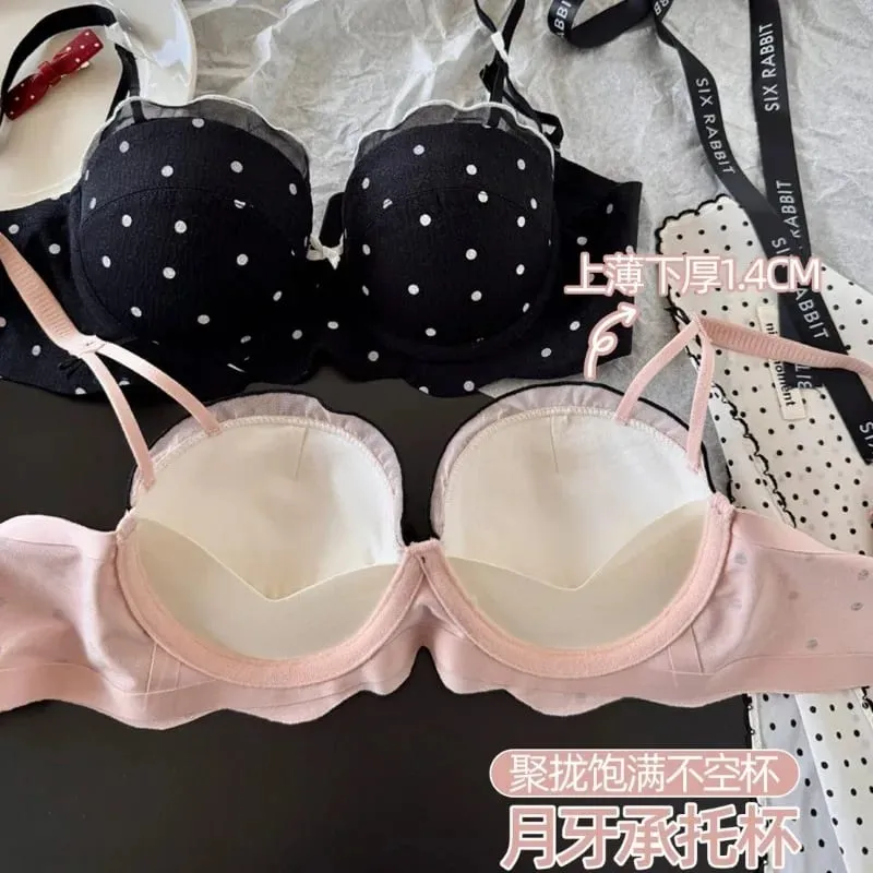 Ensemble Soutien-Gorge French Coquette à Pois Sans Armature Effet Push Up Pour Petite Poitrine Forme Pêche Confortable et Sexy