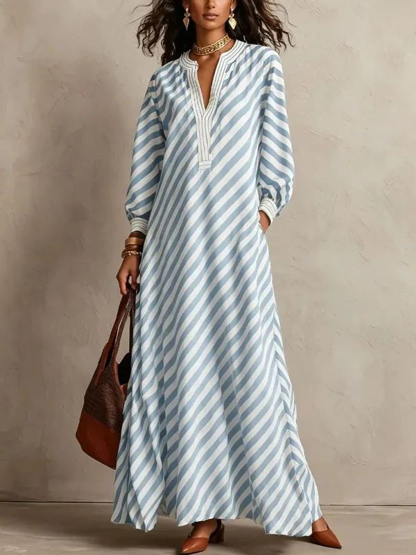 Fashion Stripe Print Maxi Dress 2026 Autumn Winter Women V‑Neck Long Sleeve Loose Casual Long Dresses Holiday Beach Boho Dress
