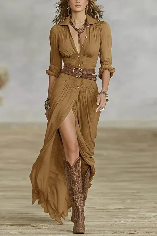 Sexy Fashion Women's Dress New French Retro V-neck Waist Pleated Loose Slit Temperament Long Sleeve Dresses For Women Robe Femal