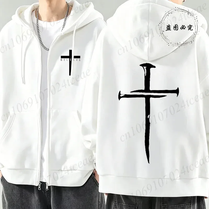 New Fashion Zipper Hoodies Christ Jesus Cross Print Men Hoodies Sweatshirts Fleece Hip Hop Street Hoodie Zip Up Sweatshirts Top