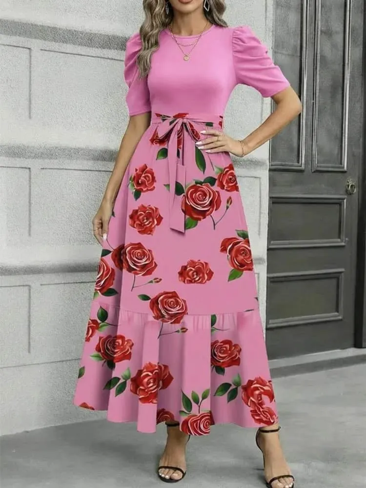 Autumn Winter Women Puff Sleeve Maxi Dress A Line Swing Long Dress For Holiday Dating Daily Occasion Wear
