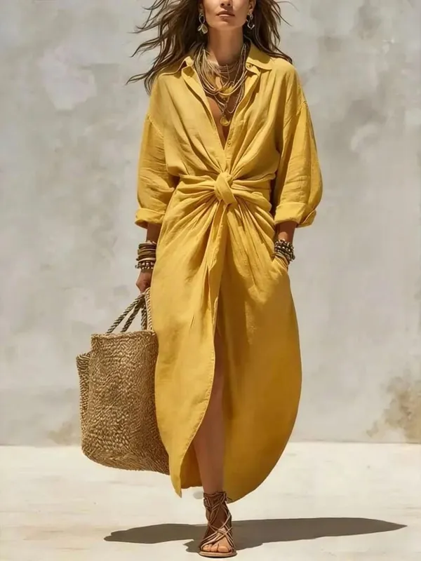 Boho White Linen Cotton Shirt Dress Long Sleeve High Waist Knot Maxi Dress Casual Loose Split Hem Summer Beach Dresses for Women