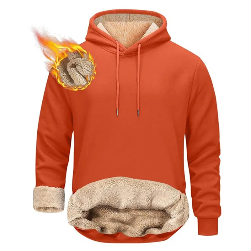 Winter Men's Warm Hoodies Sports Thick Sweatshirts Windproof Thermal Casual Solid Color Loose Long Sleeve Pullover Streetwear