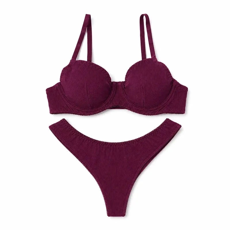 Women Solid Ribbed Lingerie Set Underwire Thin Cup Bra Matching Low Rise Thong Soft Daily Intimates