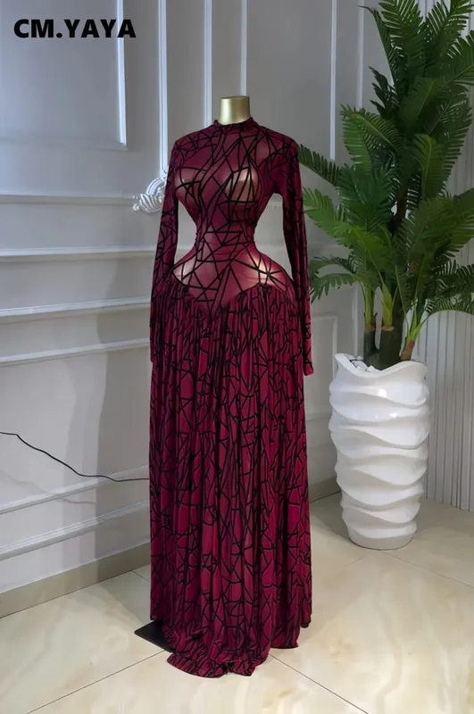 CM.YAYA Women Full Sleeve Printed O-neck Maxi Long Dress 2026 Evening Birthday Vacation Sexy Party Club Vestidos Dresses