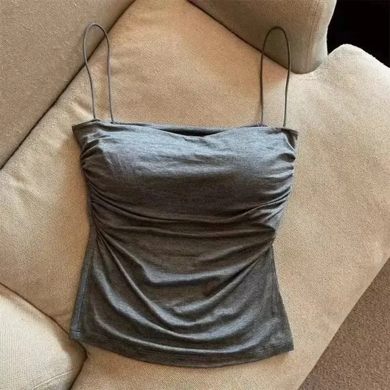 Women With Built In Bra Spaghetti Strap Tanks Summer Camis Tank Casual Tops For Woman Solid Color Female Korean Style