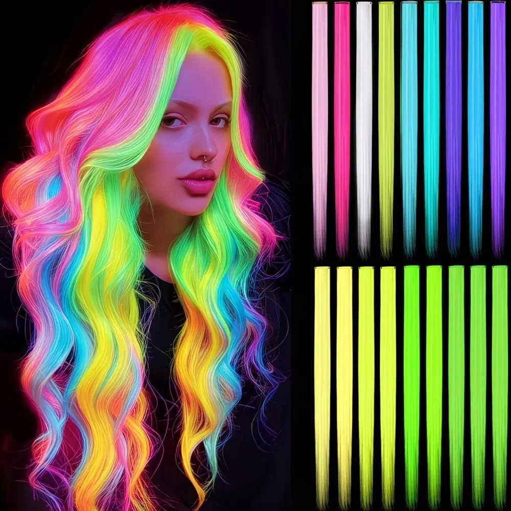 Glow in the Dark Hair Extensions Luminous Colored Hairpieces Colorful Hair Clips Synthetic Neon Fake Hair Clips Hair Accessories