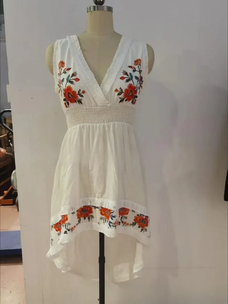 2026 New Retro Western Cowgirl Floral Embroidered Mini Dress Women V‑Neck Sleeveless Fringe High Low Hem Vacation Beach Sundress