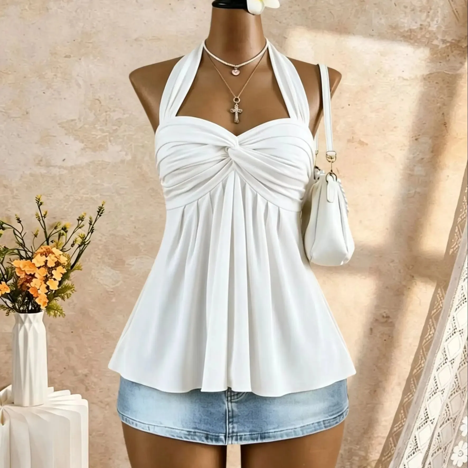 Women Halter Twist Front Sweetheart Neck Flared Peplum Camisole 2026 Summer Y2K Solid White Sleeveless Flowy Beach Vacation Tank