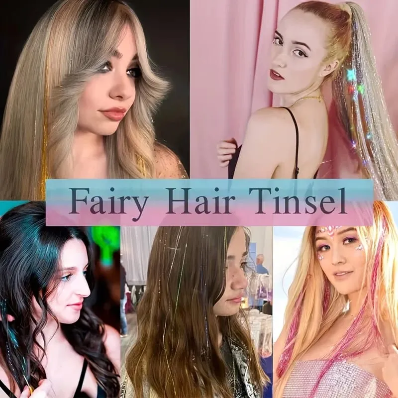 4 Packs 22inch Fairy Tinsel Hair Extensions Kit for Women Holographic Synthetic Hair Extension for Quick Hair Color Change