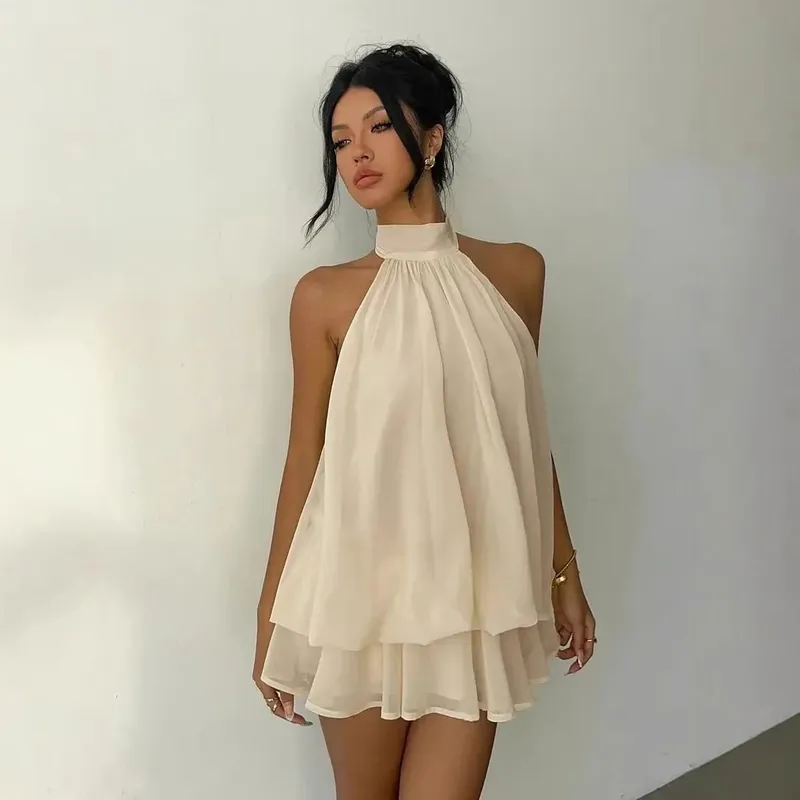 Women's Halter Neck Dress Backless Tie-Front Chiffon Sheer Mini Skirt Fashionable Sexy Y2K Vintage Cute Party Birthday Dress