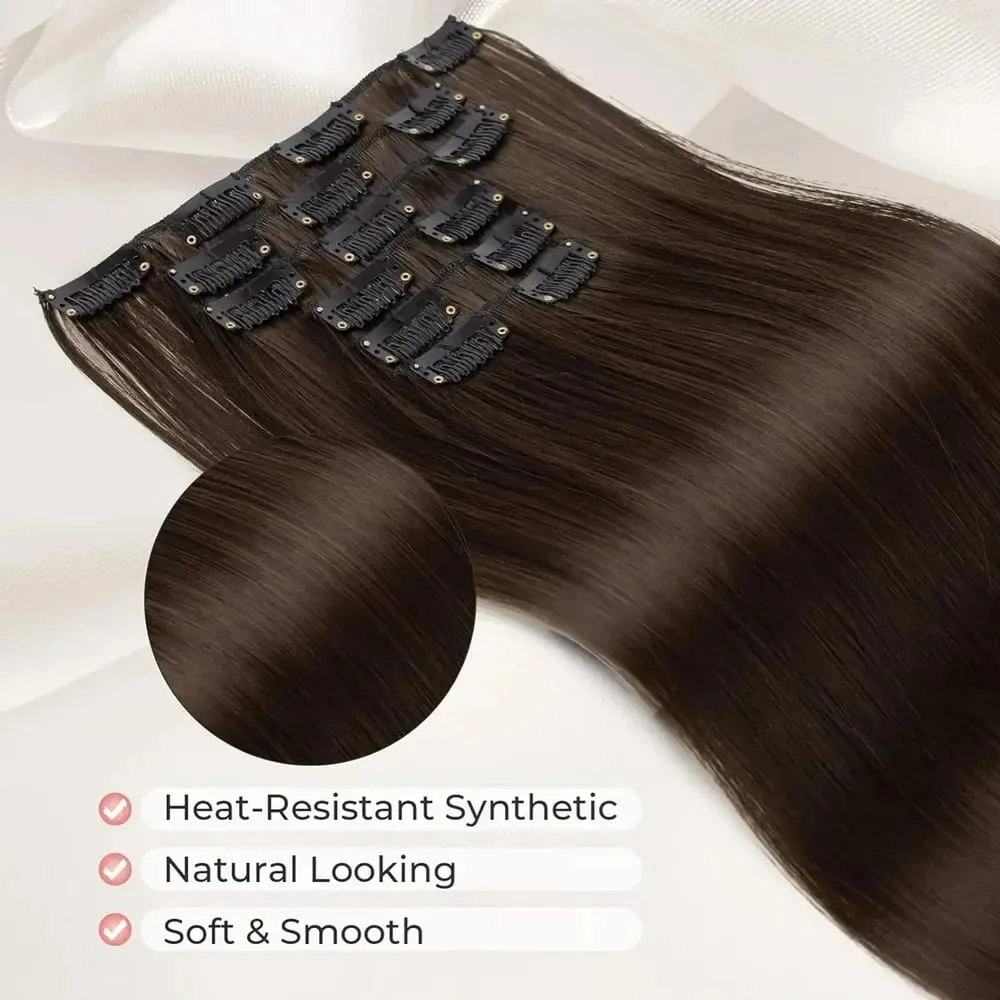 24 Inches Long Synthetic Hairpieces for Women 6Pcs Medium Brown Blonde Highlights Clip In Natural Thick DIY Styling Fiber Hair