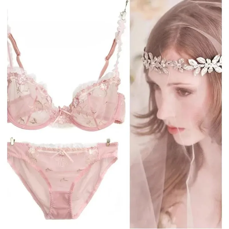 Ultra-thin steel band bra fashionable plus-size lace lingerie set transparent comfy bra set soft material S-XL all-day wear
