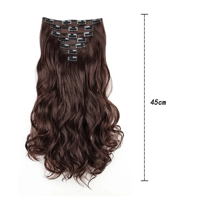 18inch 16 Clips Long Wavy Black Hair Extensions Heat Resistant Fiber Hairpiece Women Halloween Cosplay Costume Daily Hairstyle