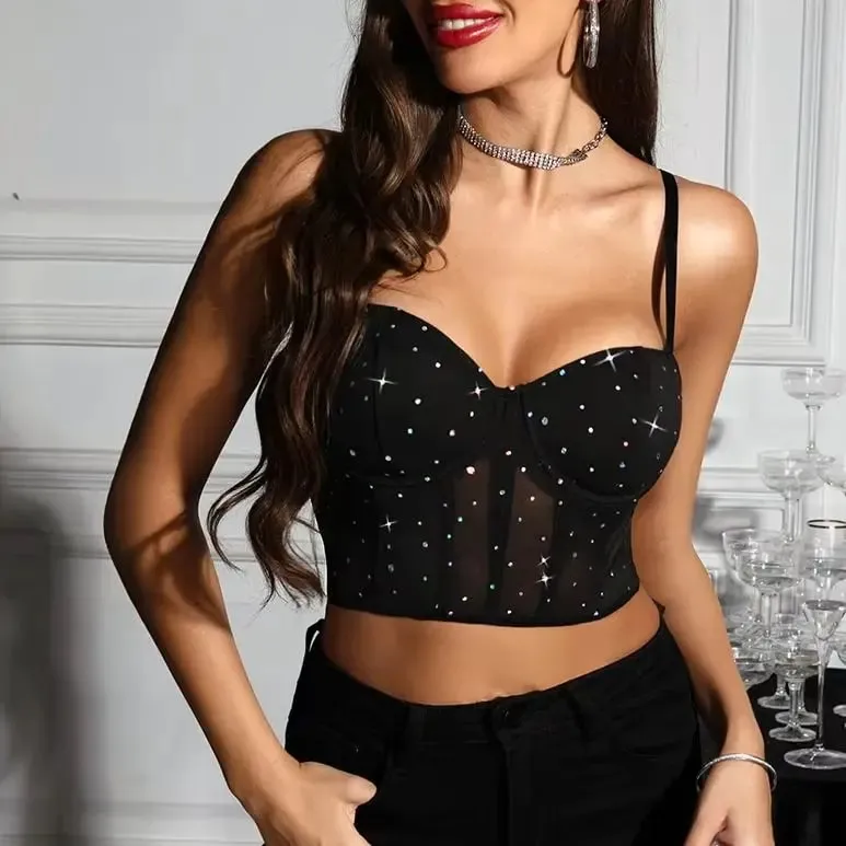 Women Y2K Fishbone Corset Crop Top Sexy Sheer Mesh Lace Up Bustier Tank Top Glitter Nightclub Party Sleeveless Spag