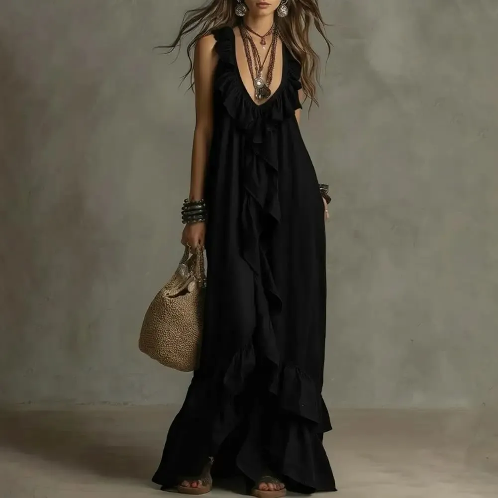 Boho Deep V Neck Sleeveless Dress Women Ruffle Swing Maxi Dress Summer Loose Solid Color Long Dresses