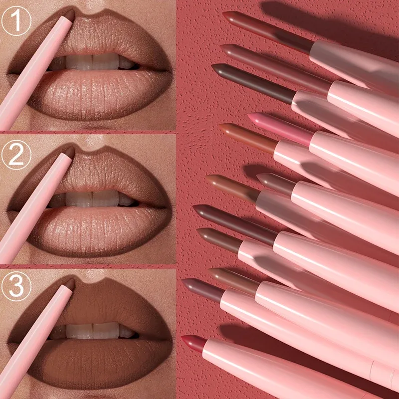 Lápiz Delineador de labios rojo mate, 12 colores, resistente al agua, antiadherente, lápiz labial delgado, maquillaje, delineador de labios rosa desnudo, contorno de labios