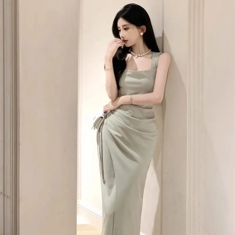 Women Premium Light Green Draped Square Neck Mid Calf Dress Lady Elegant Sleeveless Side Slit Dress Female Summer Concise Dress — image 3