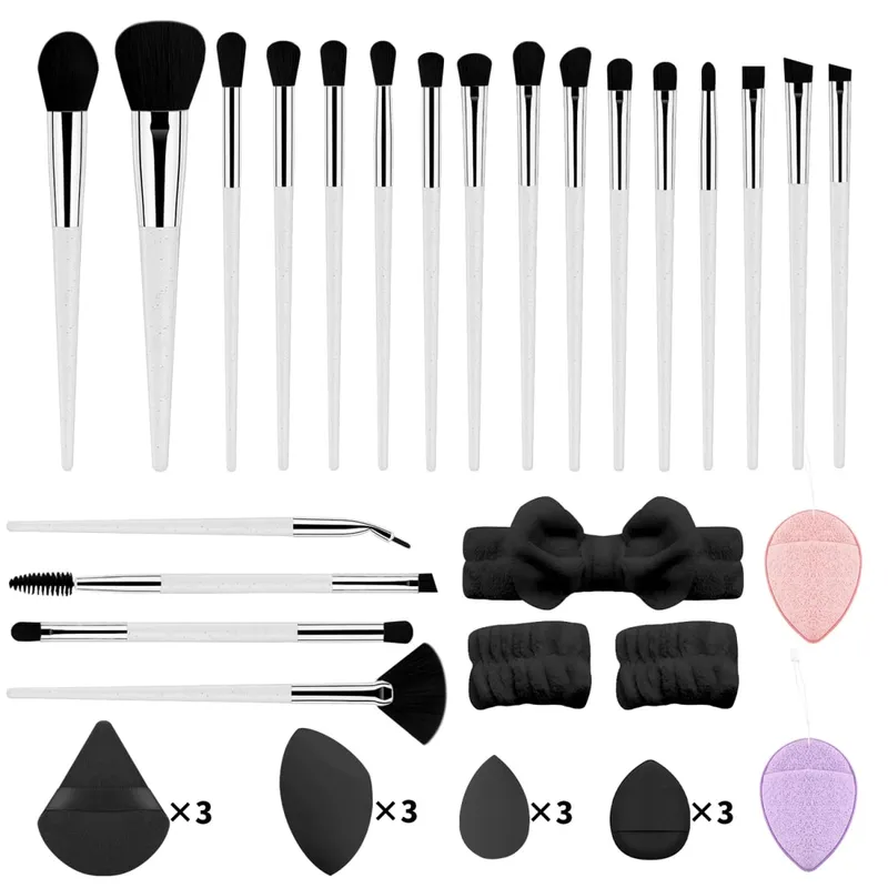 37Pcs Makeup Tool Kit 20Pcs Makeup Brushes With Hairband Wristband Powder Puff Facial Sponge