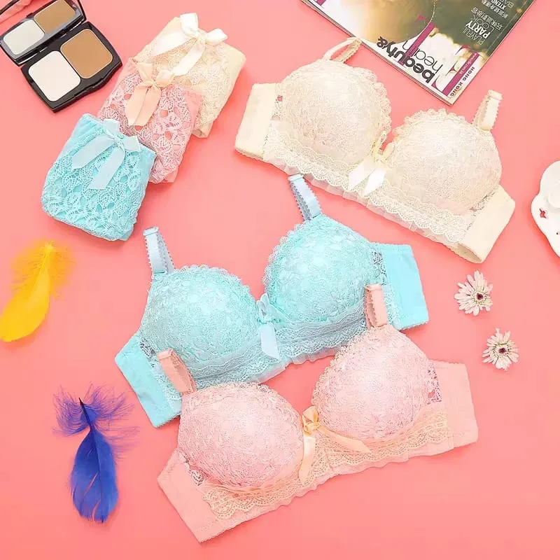 Wire‑Free Soft Push‑Up Brassiere Bra Panty Set Women Lace Lingerie Set Bow Decor Comfortable Daily Wear Intimate Underwear