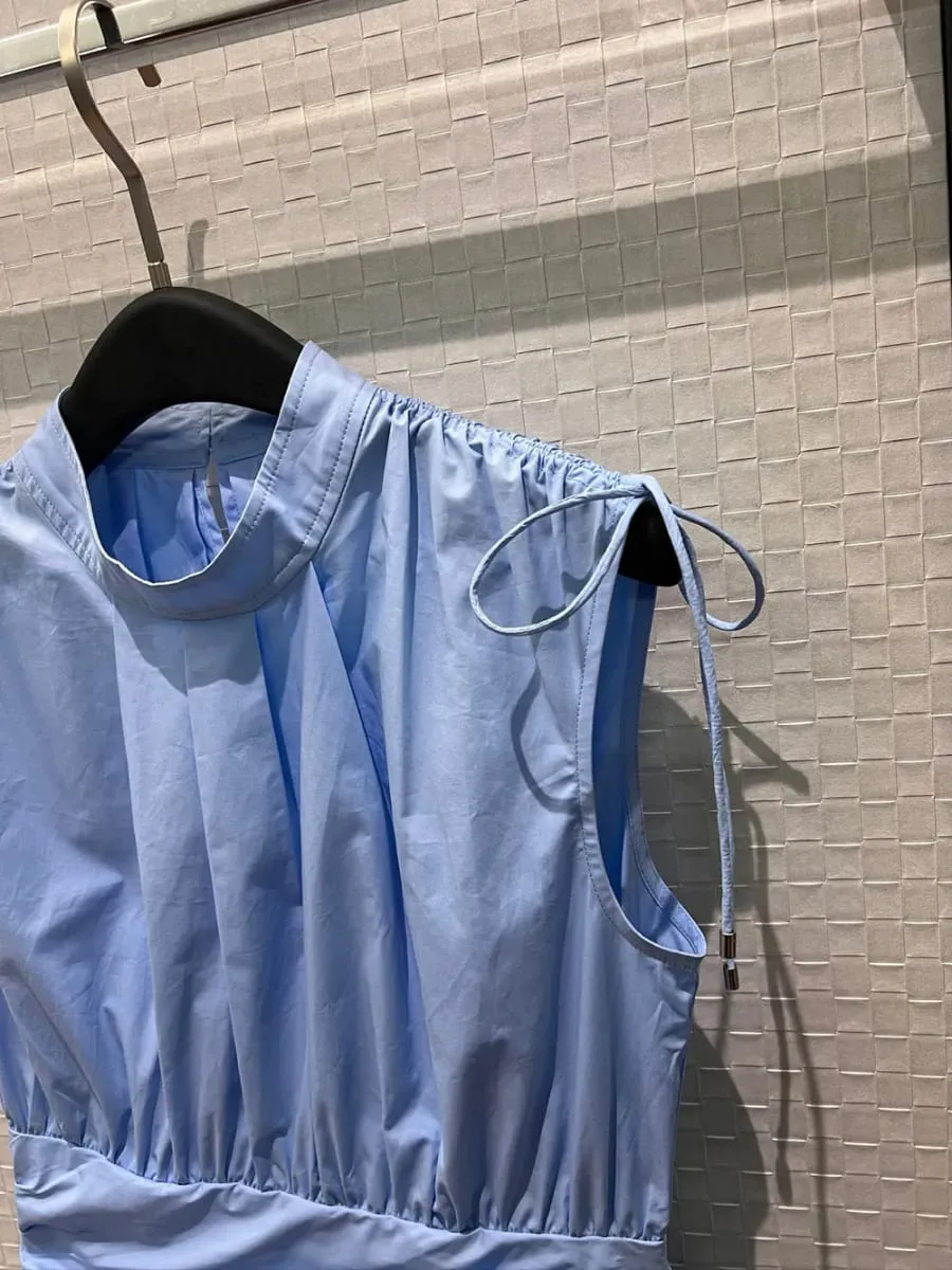 New 2026 spring summer women drawstrings stand collar cotton dresses sleeveless folds irregular dress