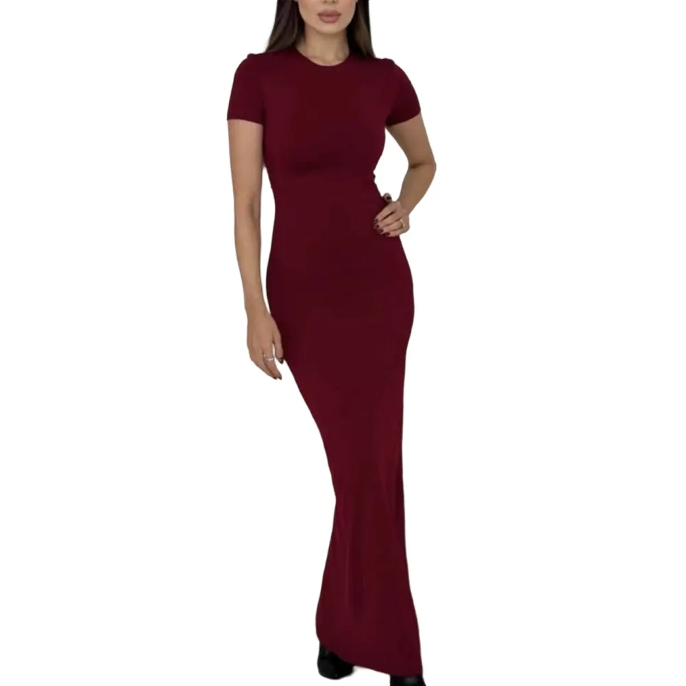 Women's Elastic Slim Fit Long T-shirt Dress Featuring Round Neck and Short Sleeves Suitable for Everyday and Special Occasions