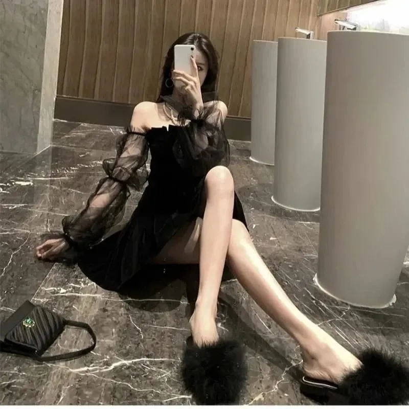 New Black Retro Dress Women Lace Chiffon Mini Dress Female High Street Sexy Korean Fashion Women Club Dress