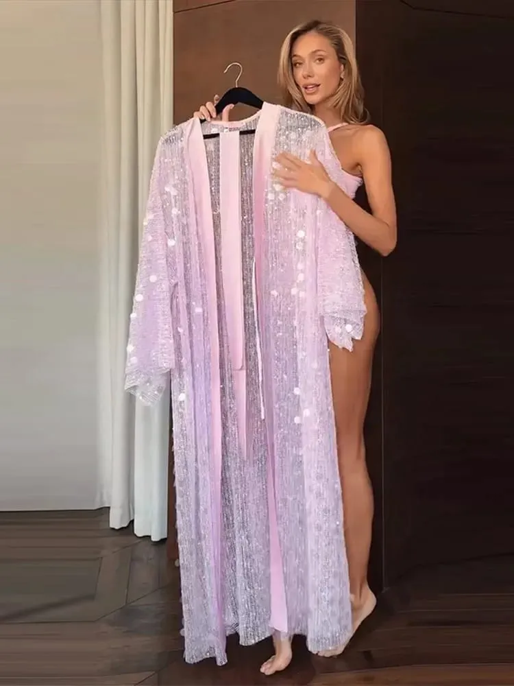 Elegant Sequined Women's Cardigan Dress Mesh Long Sleeve Loose Lady Dresses 2026 Summer Chic Female Street Vacation Robe