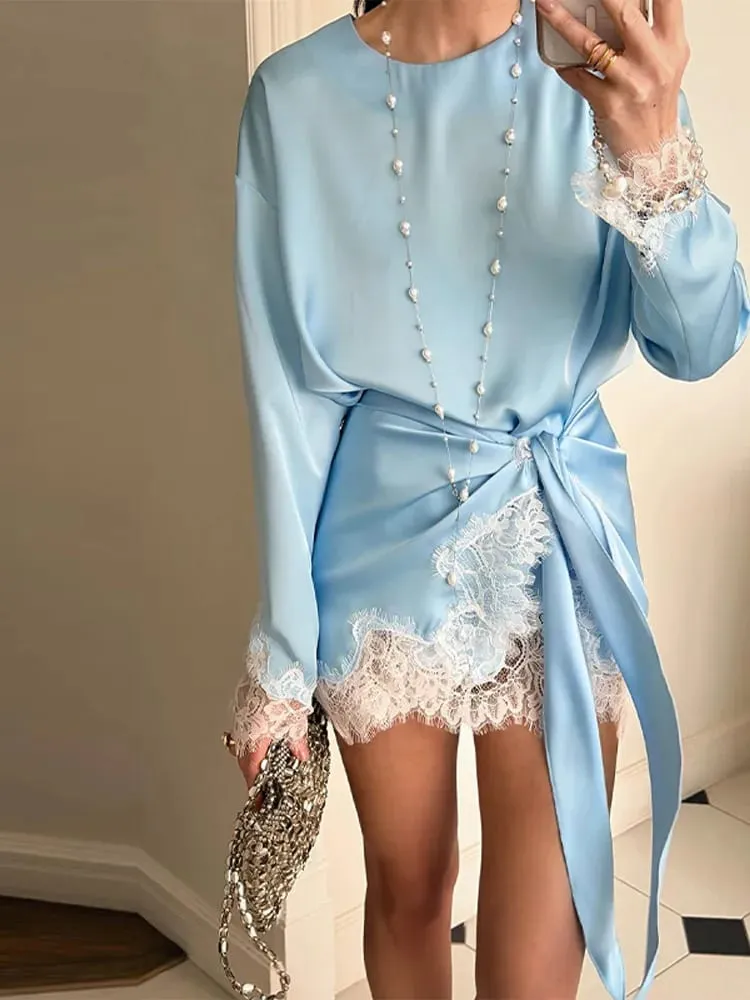 Elegant Women's Dress O-neck Full Sleeve Loose Solid Lace Hem Female Short Dresses 2026 Spring Summer New Sexy Fashion Lady Robe