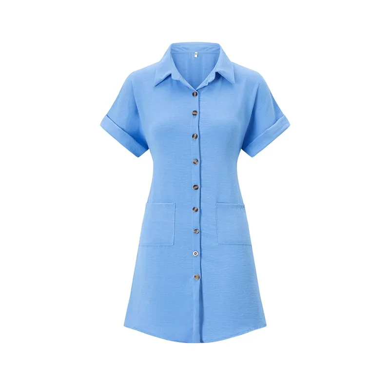 2026 European and American Cross Border Leisure Solid Color Cotton Hemp Buckle Long Short Sleeve Loose Shirt Dress Women's Wear
