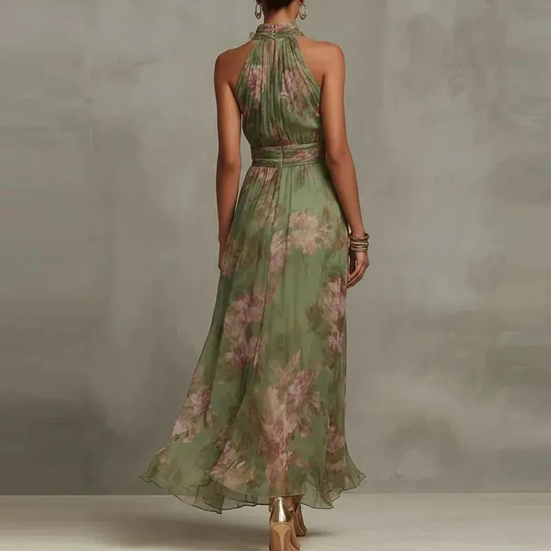 Elegant Halter Off Shoulder Hollow Party Dresses Woman Spring Floral Print Chiffon Long Dress Boho Sleeveless Summer Beach Dress