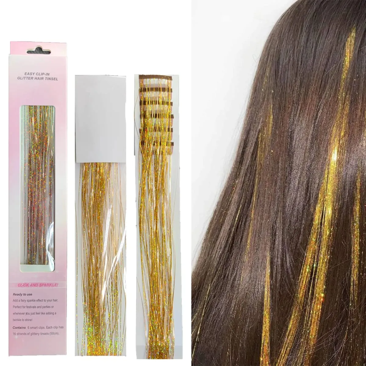 12PCs Clip in Hair Synthetic Tinsel Kit Holographic Hair Tinsel Shining Gold Professional Sparkle Heat-Resistant Silk Extensions